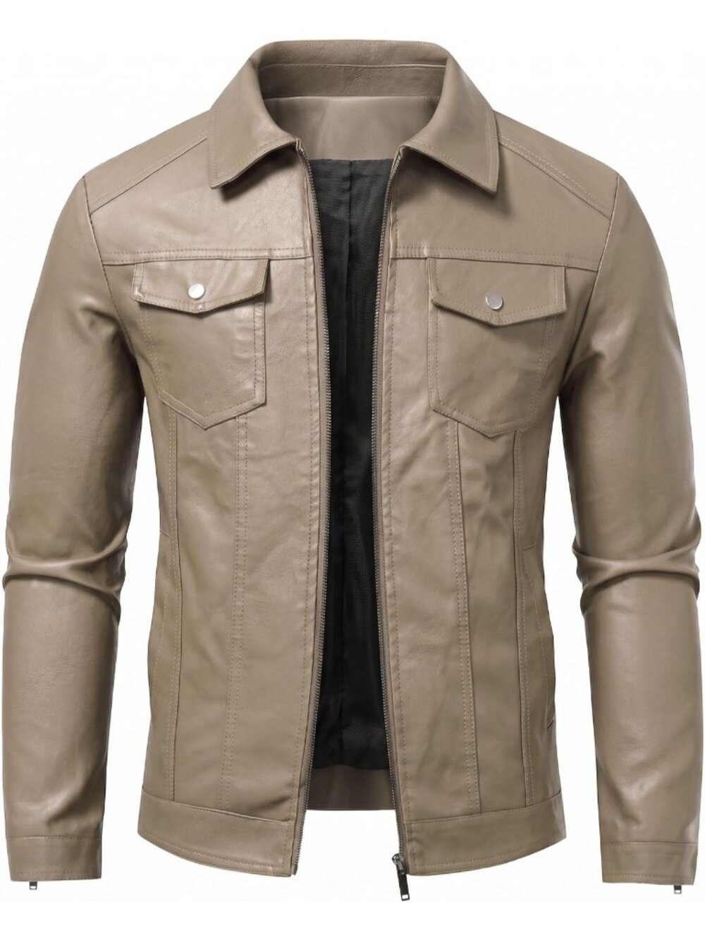 Men's Khaki Faux Leather Two Side Hand Pockets Motorcycle Biker Jacket